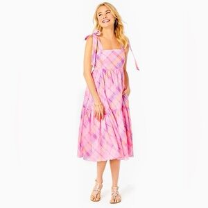 Lilly Pulitzer Anlee Pink Isle Madras Plaid Cotton Midi Dress size 6